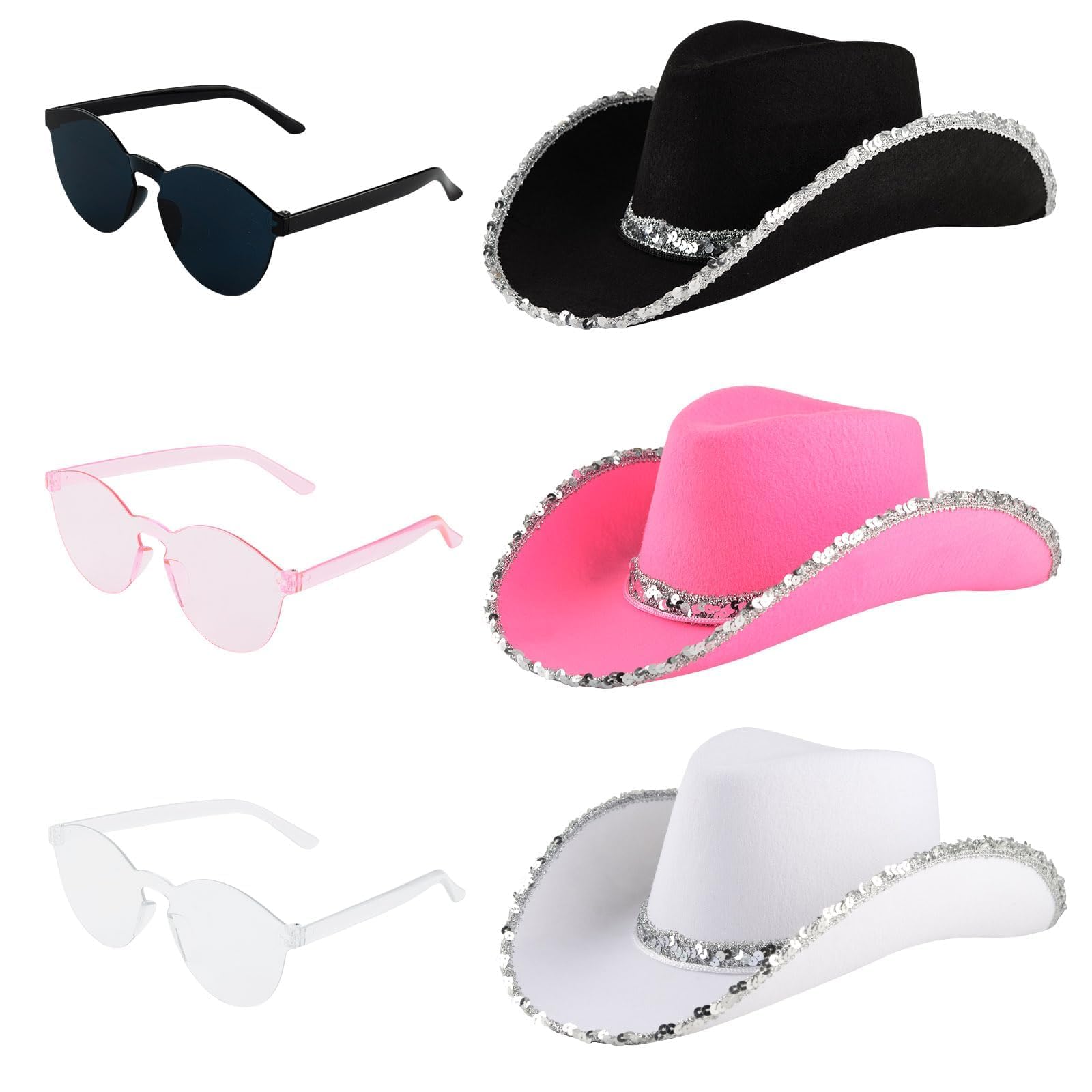 DASHUAIGE 3 Pack Cowgirl Hats 3 Pairs Glasses Western Themed Hen Night Fancy Dress Ladies Festival Cowboy Costume Accessories (Black/Pink/White)