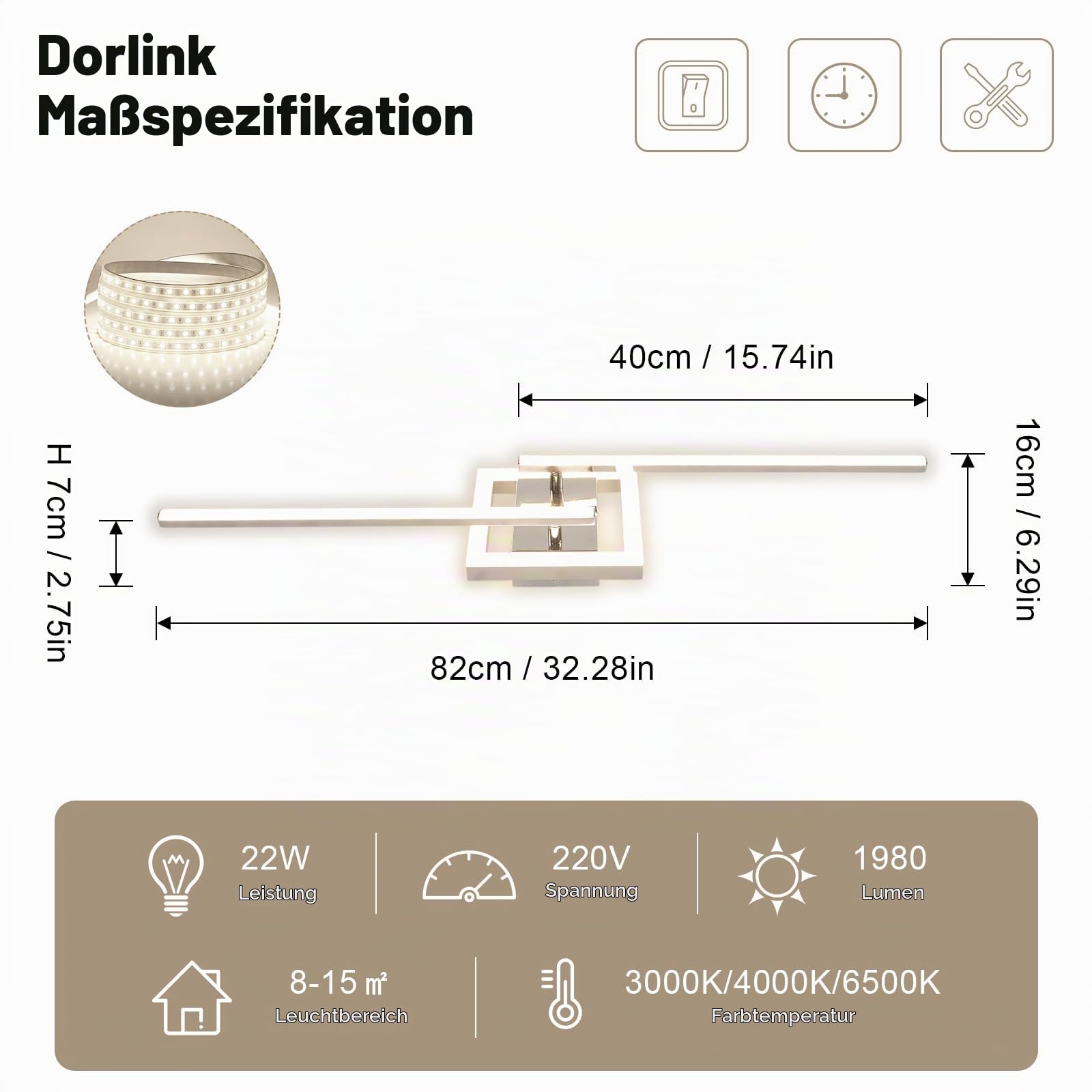 Dorlink Deckenlampe LED Dimmbar, Drehbar Deckenlampe Schlafzimmer 22W, Lampe Wohnzimmer 3000K/4000K/6500K, Wellen Esstischlampe, 2 Lichter Flurlampe Decke, Silber LED Wandleuchte für Küche, 82CM