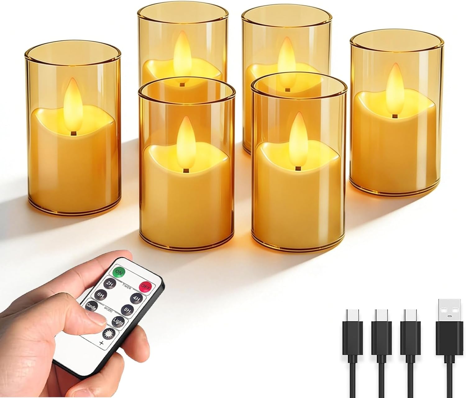 Rechargeable Acrylic Flameless LED Candles with Timer Control, Long Lasting Electric Tealights, Flickering Warm Glow Votive Candles for Holiday & Daily Decoration, (Set of 6, Amber)