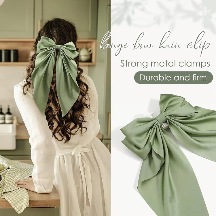 Image of FilterFashion Big Satin Layered Hair Bows for Women Girls 11.5 Inch Barrette Hair Clip Long Back Ribbon Bows French Style Hair Accessories (Olive Green)