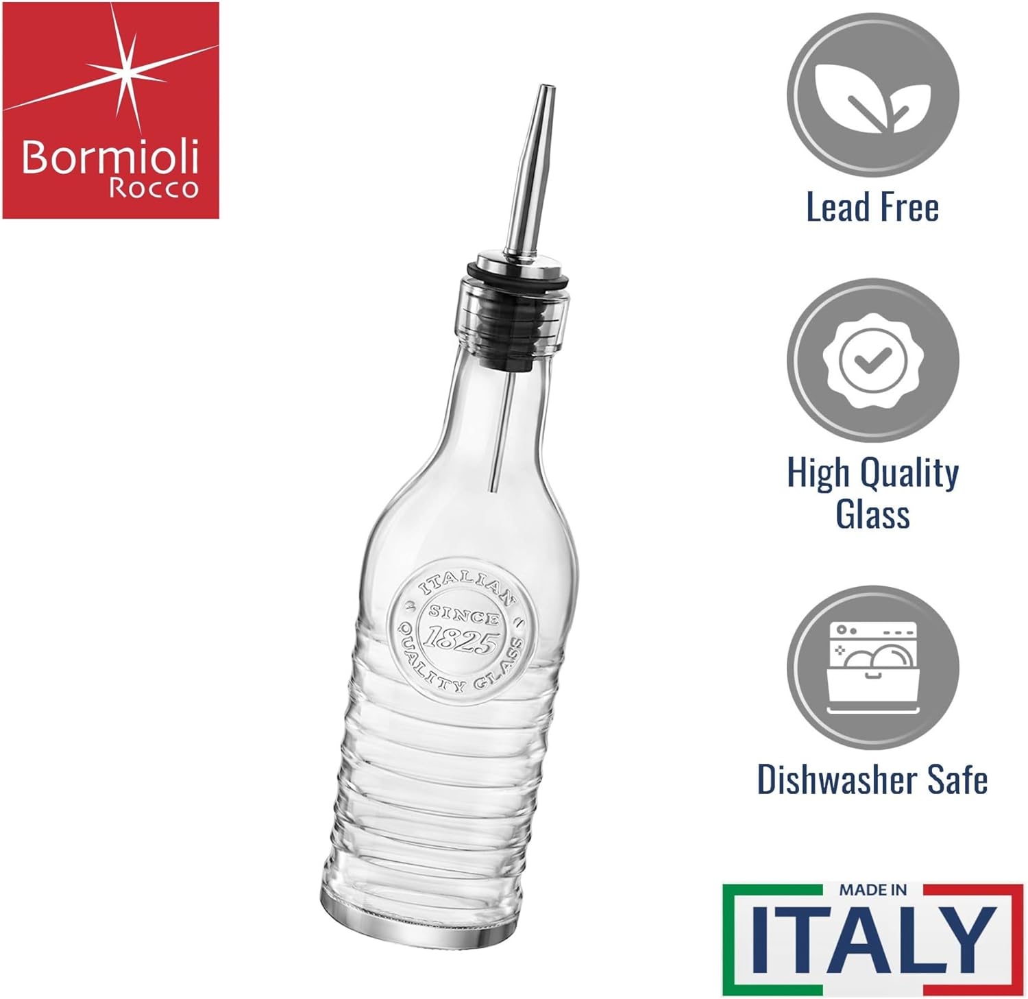 BORMIOLI ROCCO Officina 1825 Olive Oil/Vinegar Glass Bottles Stainless Steel Pouring Spout 268 ml (Pack of 2)