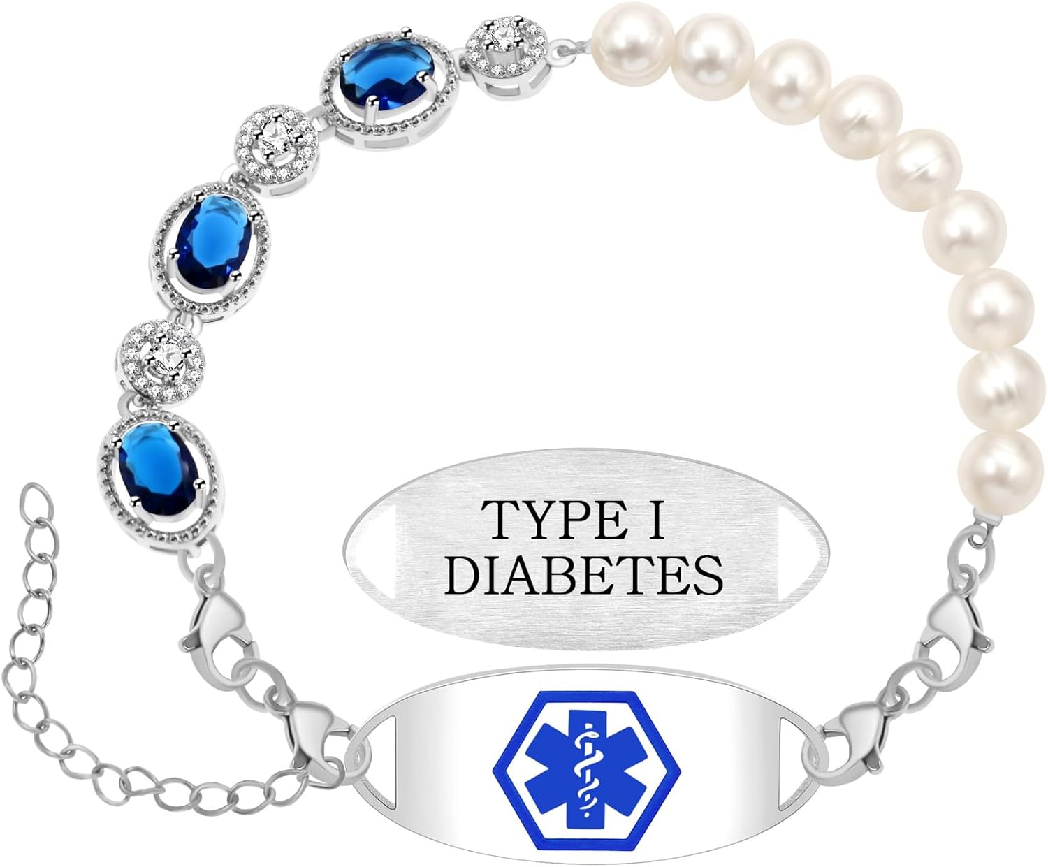 Women’s Medical Alert Bracelet | Natural Pearl + Colored Cubic Zirconia Beads | Adjustable Stainless Steel Medical ID Tag | Personalized Laser Engraving | Safe & Everyday Wear
