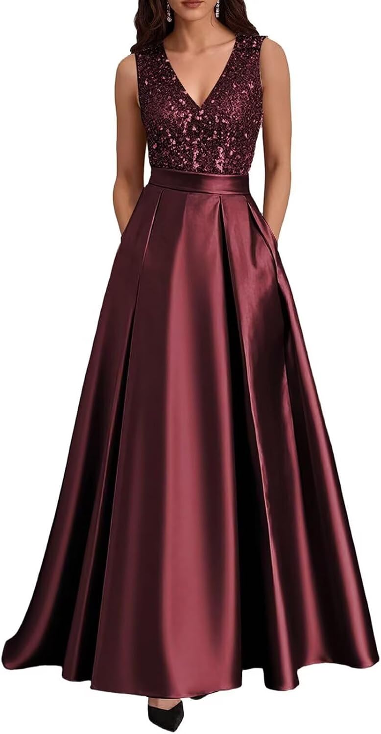 Satin Sequin Mother of The Bride Dresses for Women V Neck Elegant Long Sparkly A Line Evening Dress with Pocket