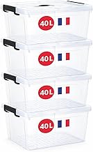 Plastic Storage Box with Lid – 40 L – Set of 4 – French Brand – Transparent Box – Clips Closure – Handle – Reinforced Plastic – Ideal for Bedroom, Dressing Room, Office, Laundry Room