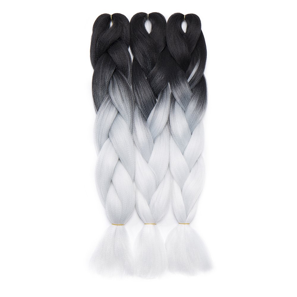 24"(60cm) SEGO 3PCS Extensiones de Pelo Sintético para Trenzas Africanas [Negro/Blanco] Cabello Se Ve Natural Crochet Braiding Twist Hair (300g)