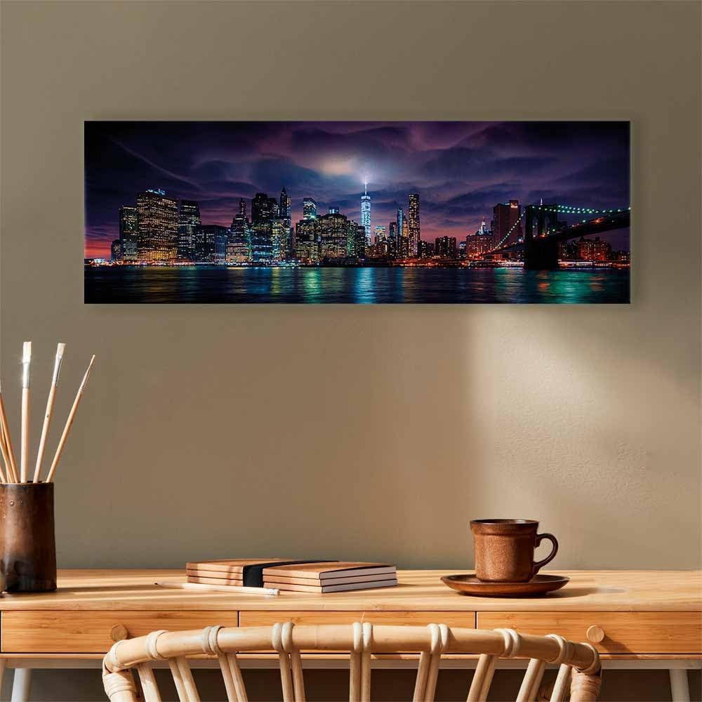 artgeist Acoustic Canvas Wall Art Print City New York 47x16 in - 1pcs Picture with Acoustic Foam Sound Print Artwork Room Acoustics Soundproofing Skyline Skyscrapers Panorama Night d-B-0155-b-a