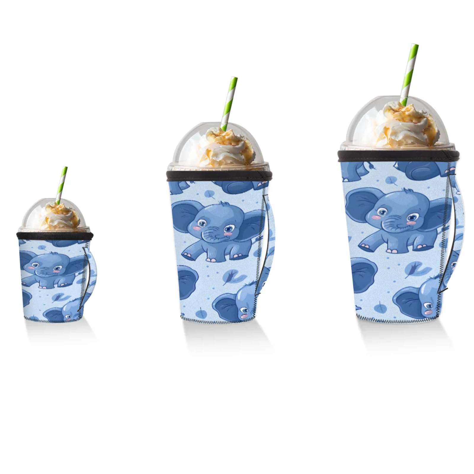 Cute Elephants Leaves Reusable Neoprene Coffee Sleeve with Handle Insulated Iced Coffee Cup Holder Reduces Condensation Fits 24-28 oz Cups M