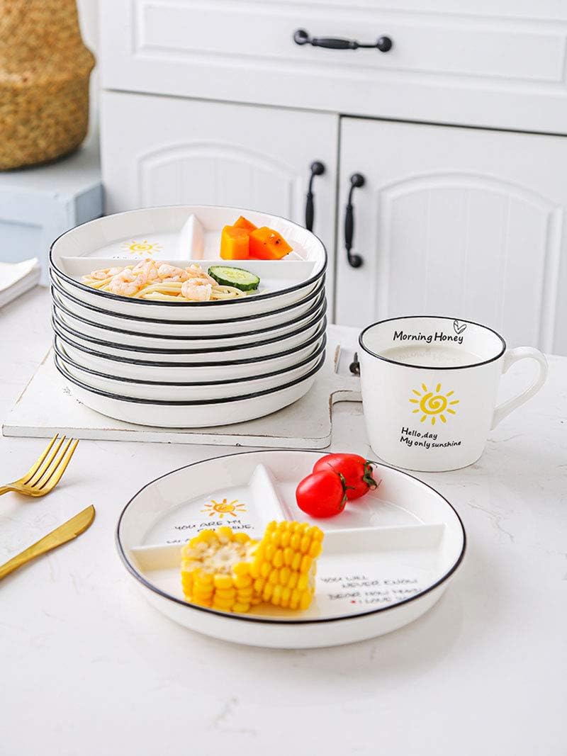 1 PCS Ceramic Dinosaur Portion Control Plate Divided Dish for Rational Eating, Divided Dessert Plate Salad Plate Dinner Plate-Sun-8 Inch