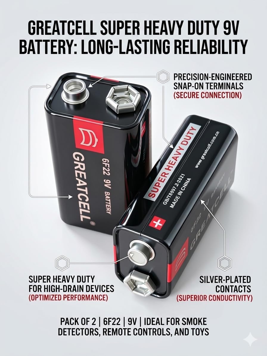 9V Carbon Zinc Battery for Smoke Detectors, 6F22 Square, Long-Lasting, 4 Count