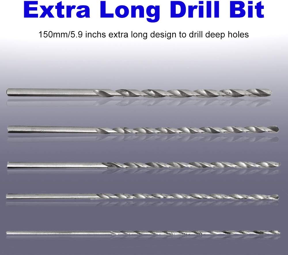Extra Long Drill Bits, 5 Pcs High-Speed Steel HSS Twist Drill Bit Set, 150 mm Professional Long Auger Drill Bits for Wood Metal Aluminum Plastic (2/3/3.5/4/5 mm Diameter)