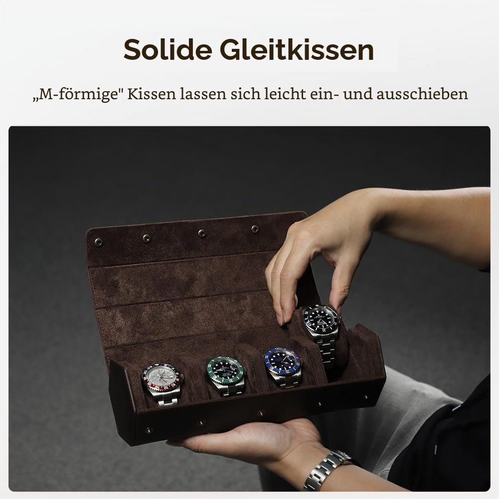 Hiram Uhrenkoffer Leder Sechseck Uhrenbox, 4-Slot Uhren Schutzhülle Uhren Organizer für Reisen (Kaffee)