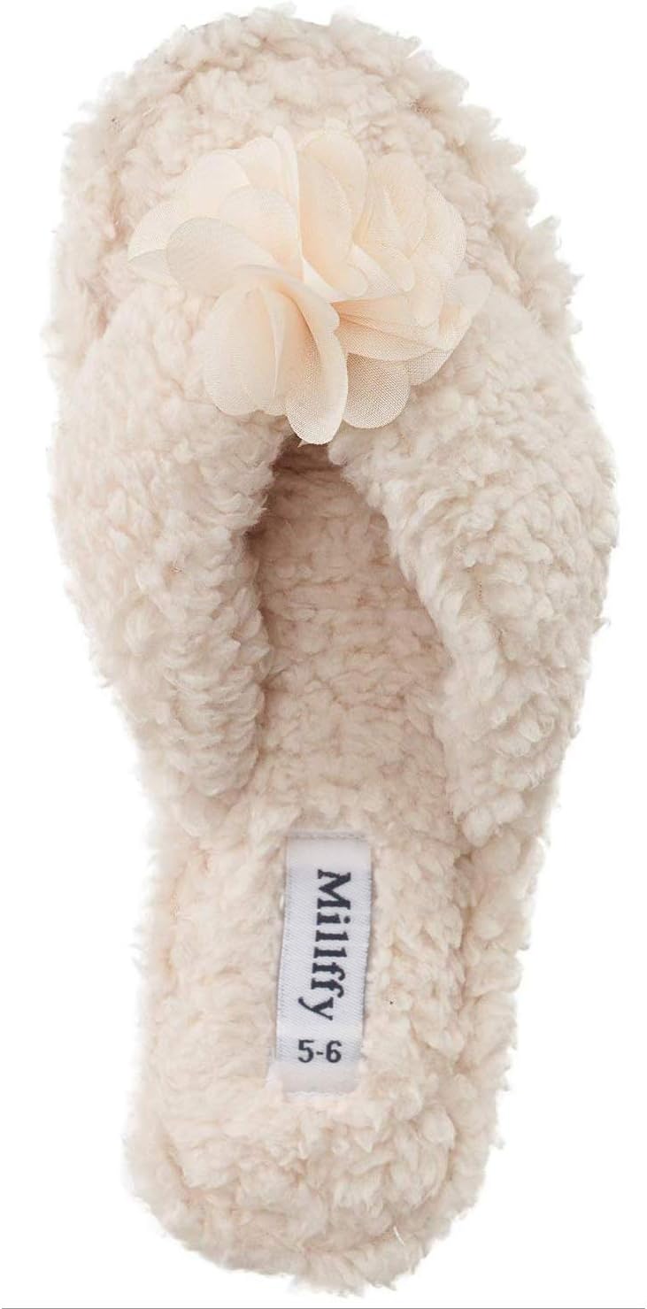 Millffy Plush Cozy Faux Shearling Thong Slide On Sherpa Womens Flip-Flops Slippers with Flowers