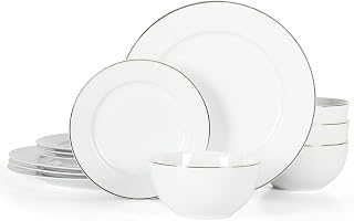 Martha Stewart Gracie Lane High Fired Porcelain Chip and Scratch Resistant Plates and Bowls Set White w/Gold Band, Service for 4