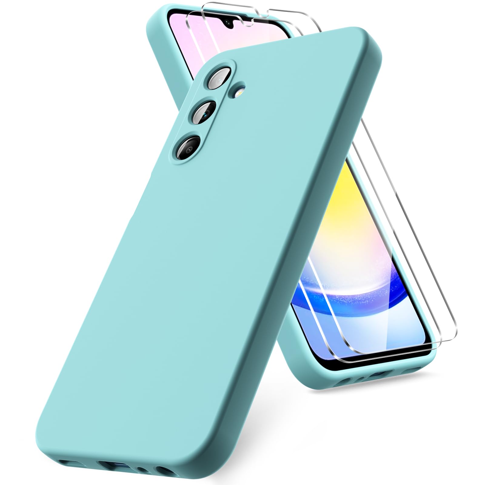 Vansdon Cover Compatibile con Samsung Galaxy A25 5G, 2 Pellicola Protettiva in Vetro Temperato, Gomma Gel di Silicone Liquida Antiurto Custodia - Azzurro