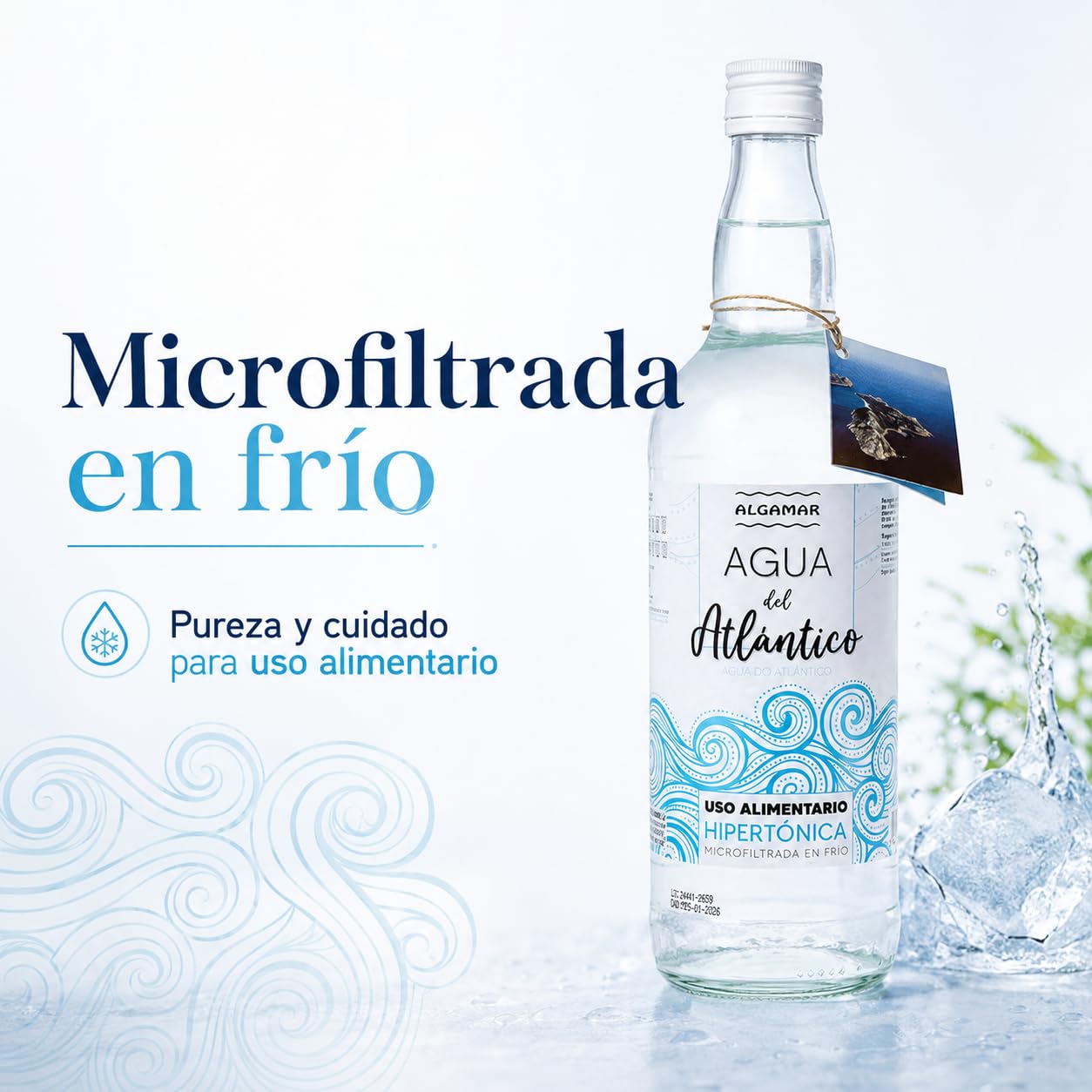 Pack 6 x Agua de Mar Algamar 1 L, hipertónica y microfiltrada en frío, agua marina del Atlántico para uso alimentario, 6 botellas de cristal para cocinar y recetas