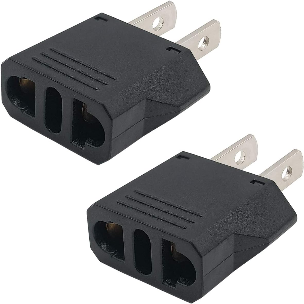 European to US Plug Adapter, Black, 2-Pack, Type E/F to Type A/B, Fireproof, CE Certified, 120V, 220-240V, 6A, 1.38 x 0.56 x 1.78 IN