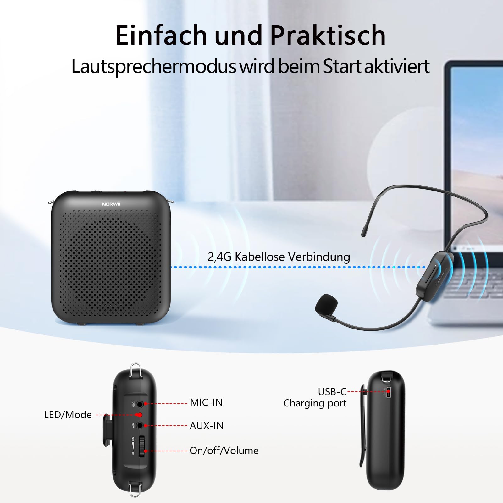 Norwii Kabelloser Sprachverstärker für Lehrer, Tragbarer Bluetooth Lautsprecher mit 2 Headsets, Mini Megafon PA-Endstufen für den Unterricht, Reiseleiter & Reden, 15W Leistung, 5200mAh Akku