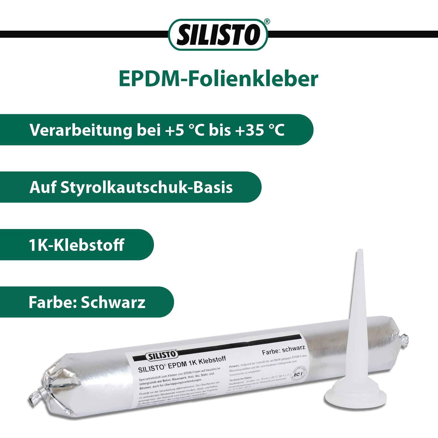 SILISTO® EPDM 1K Folienkleber Schwarz 3x 600ml Set – Profi Spezialkleber für EPDM-Folien auf Beton, Holz, Bitumen & Metall – Inkl. Beuteldüsen – Styrolkautschuk-Kleber für Bau & Dach