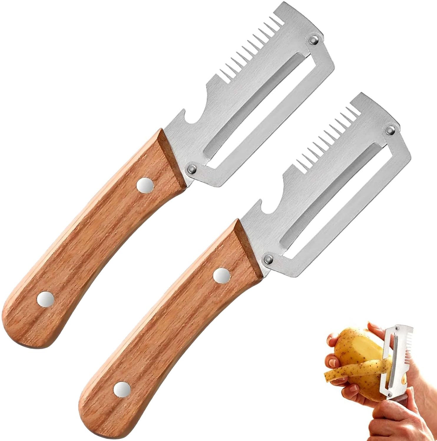 Photo 1 of 2 Pack Multi-Functional Vegetable Peeler, 3 in 1 Multi Functional Wooden Handle Peeler and Bottle Opener, Kitchen Gadgets Tool for Fruit Pumpkin Peeling Potato Carrot Veggie Peeler