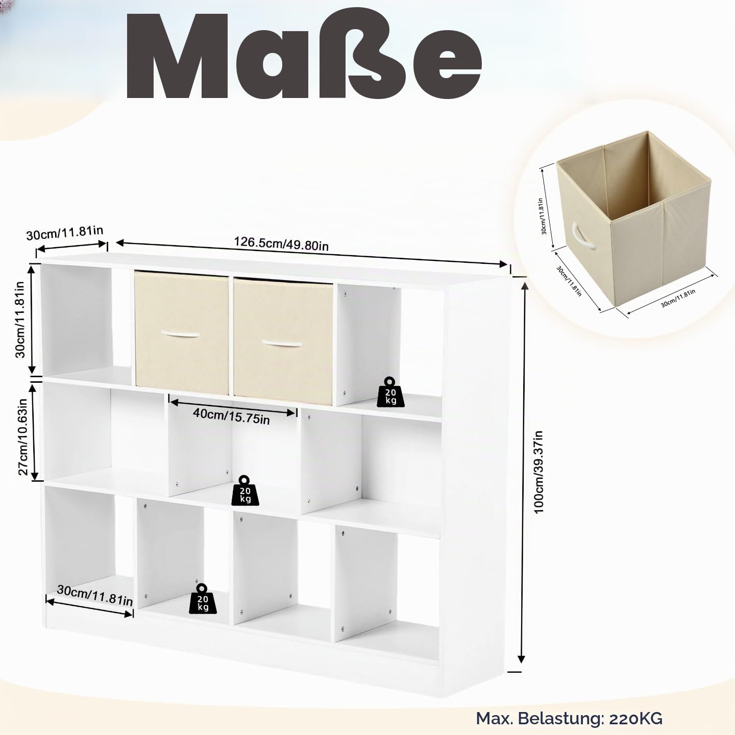 Bücherregal,Kleines Regal Bücher Holz,Kinder Raumteiler Regal Schrank mit 2 schubladen aus Vliesstoff 11 Fächern und lichtleiste,für Wohnzimmer Schlafzimmer Kinderzimmer Büro,Weiß,126x30x100cm
