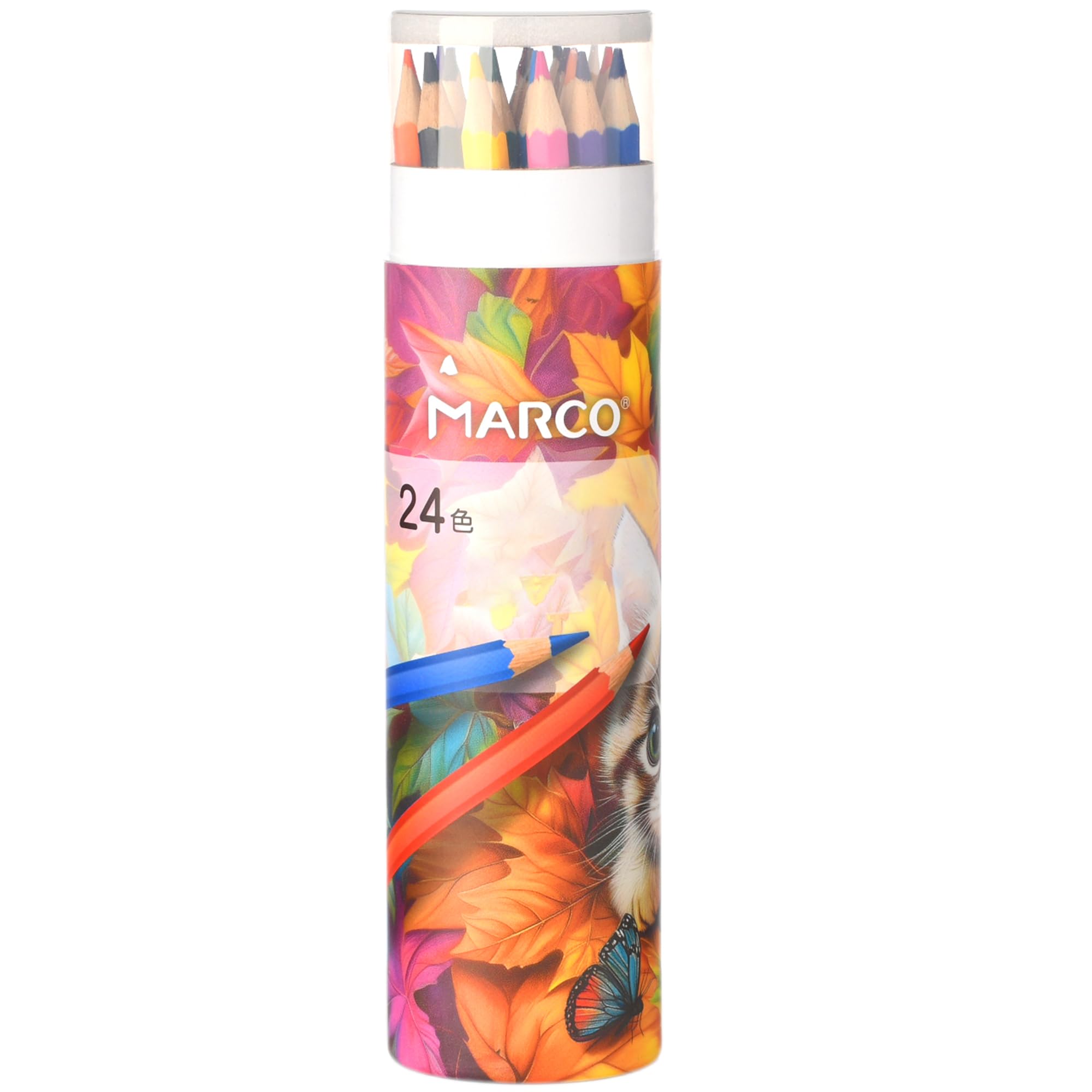 MARCO 24 Colour Oil Colouring Pencils for Adults & Artists - Hexagonal, Pre-Sharpened, Shatterproof - Set with Pen Cup