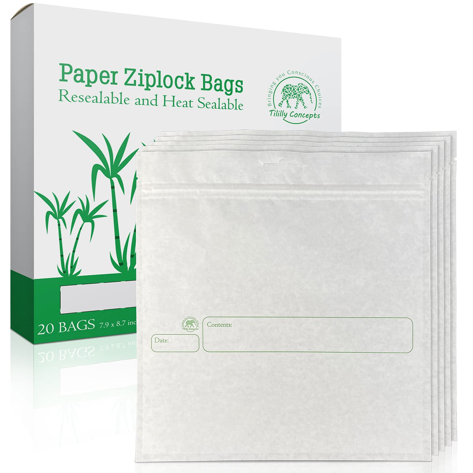 Paper Ziplock Bags, Compostable Biodegradable, Resealable, Heat Sealable, for whole-foods, sandwiches, snacks and small item organisation and storage, 8" x 9", 20 Bags