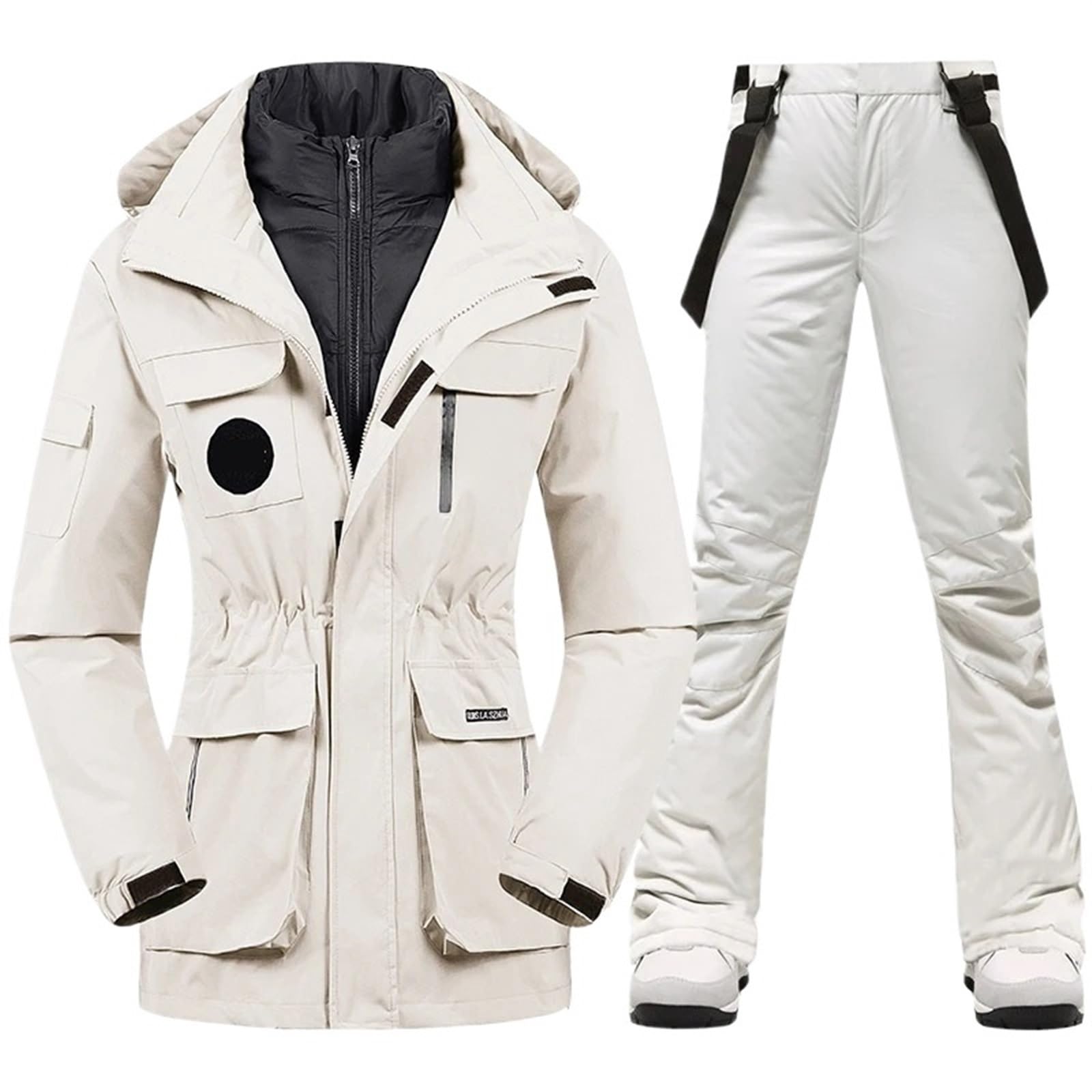 Tuta da Sci Donna Calda Tuta da Sci da Donna Invernale da Neve Piumino e Pantaloni da Esterno Impermeabile Traspirante Abbigliamento da Snowboard Femminile Abiti da Sci((off-White White) Set,Asian S)