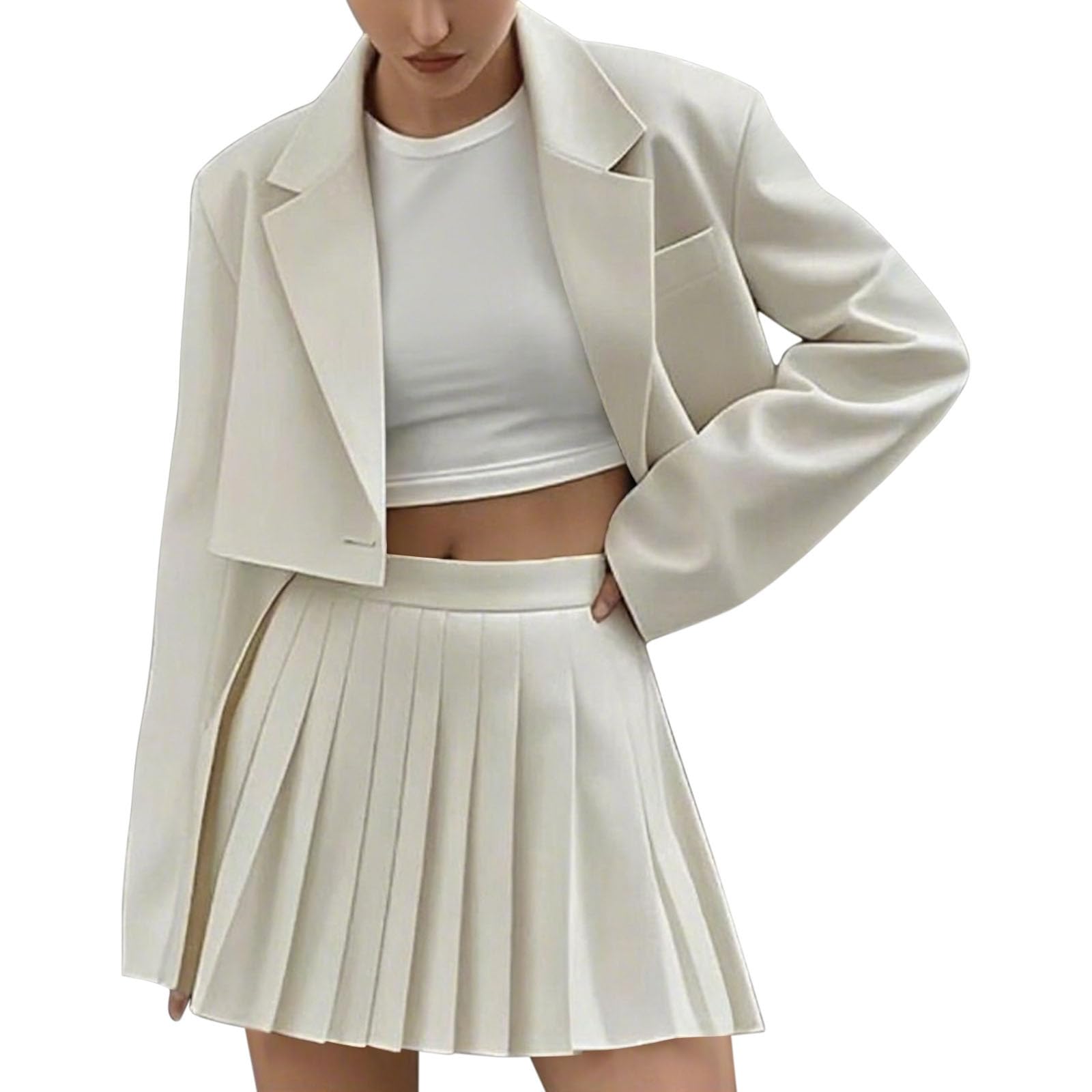 Womens 2 Piece Outfits Business Casual Blazer Suit and Pleated Mini Skirt Fashion Long Sleeve Y2K Work Sets