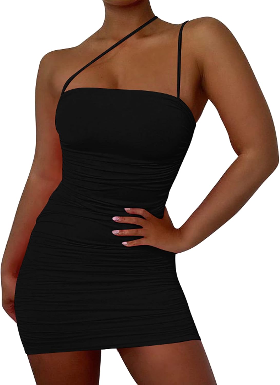 Mizoci Women's Sexy Sleeveless Ruched Spaghetti Strap Bodycon Mini Club Party Dress - Image 2
