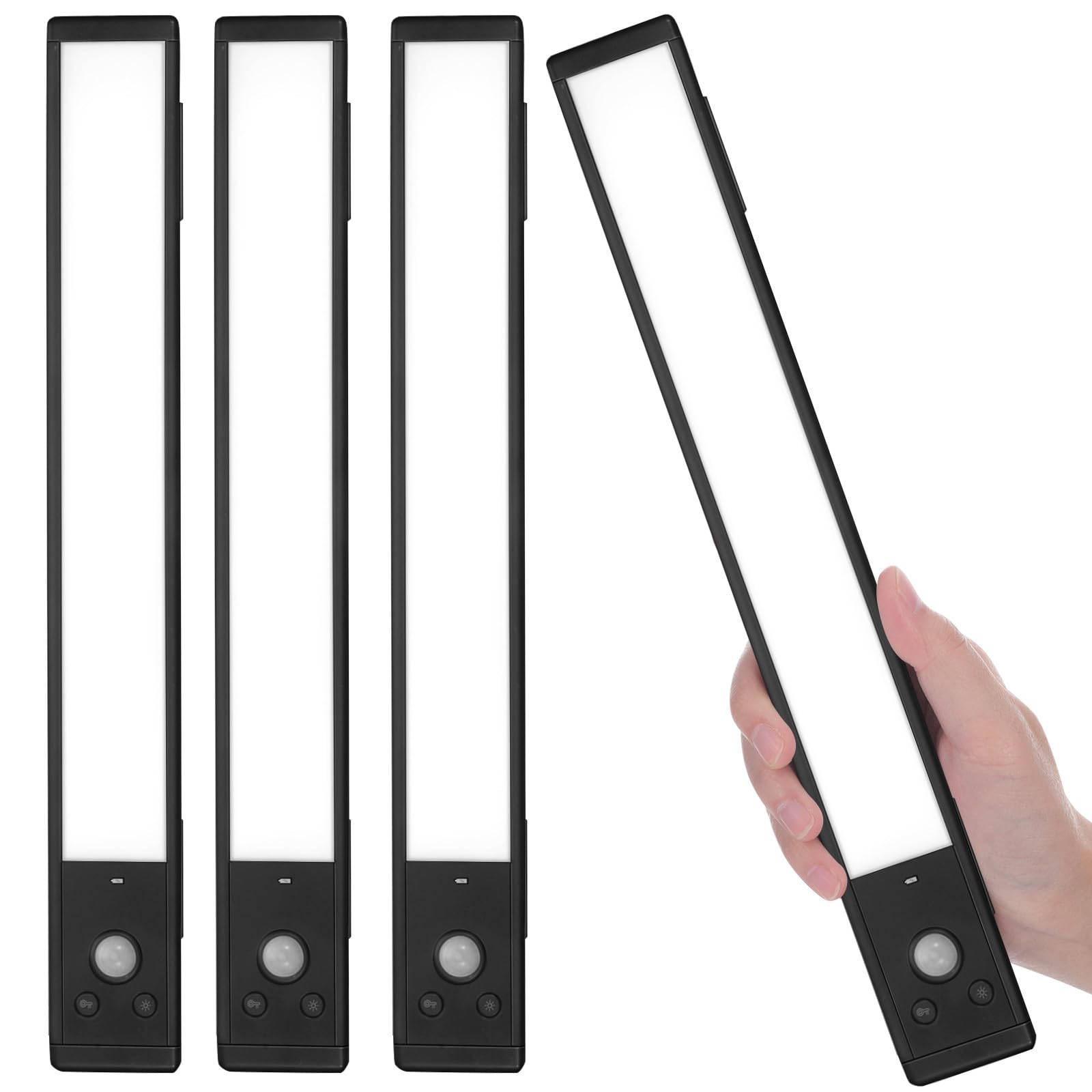 CALLARON 4 Piezas Luces LED Sensor de Movimiento y Batería Indicadora, Lámparas Negras de Aleación de Aluminio y Plástico para Iluminación Debajo del Escritorio o Entrada