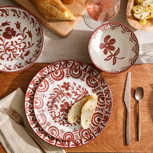 Image of Bloomhouse - 2-Time Oprah's Favorite Things - Valencia Flor 16 Piece Dinnerware Set, Artisanal Decorated Stoneware Plates & Bowls, Service for 4, Microwave & Dishwasher Safe, Pomegranate Red