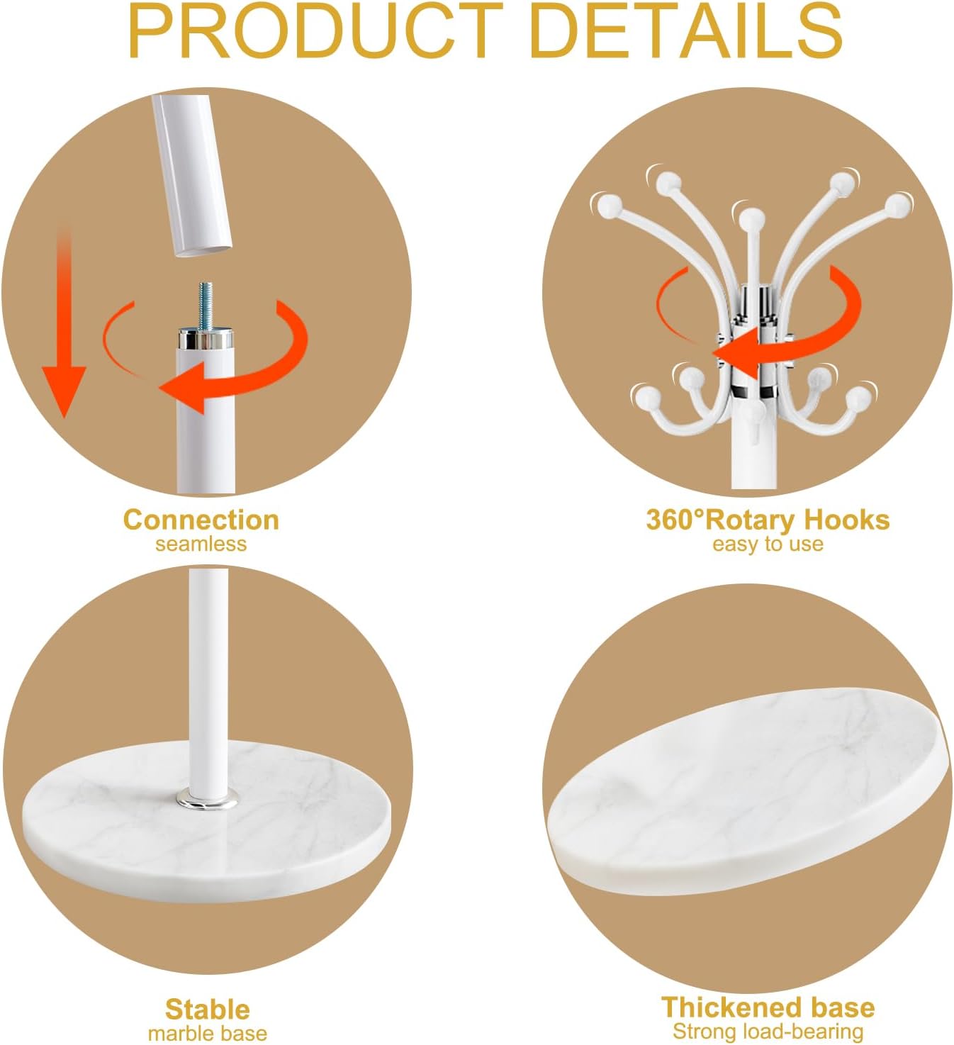 Metal Coat Rack Stand with Natural Marble Base, Modern Coat Rack Freestanding, 360°Rotary Coat Racks with 14 Hooks, Heavy Duty Coat Hall Tree Hanger Stand for Entryway, Office