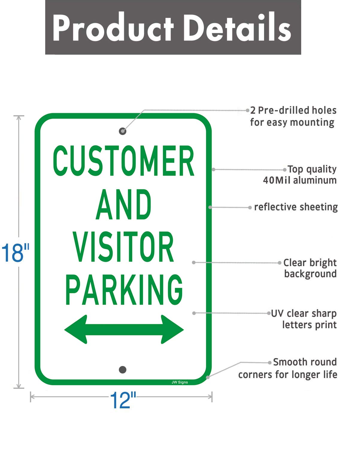 Señal de estacionamiento para clientes y visitantes (paquete de 2) de 18 x 12 pulgadas, libre de óxido, 0.40 pulgadas, revestimiento UV, resistente a la intemperie, para estacionamientos, entradas