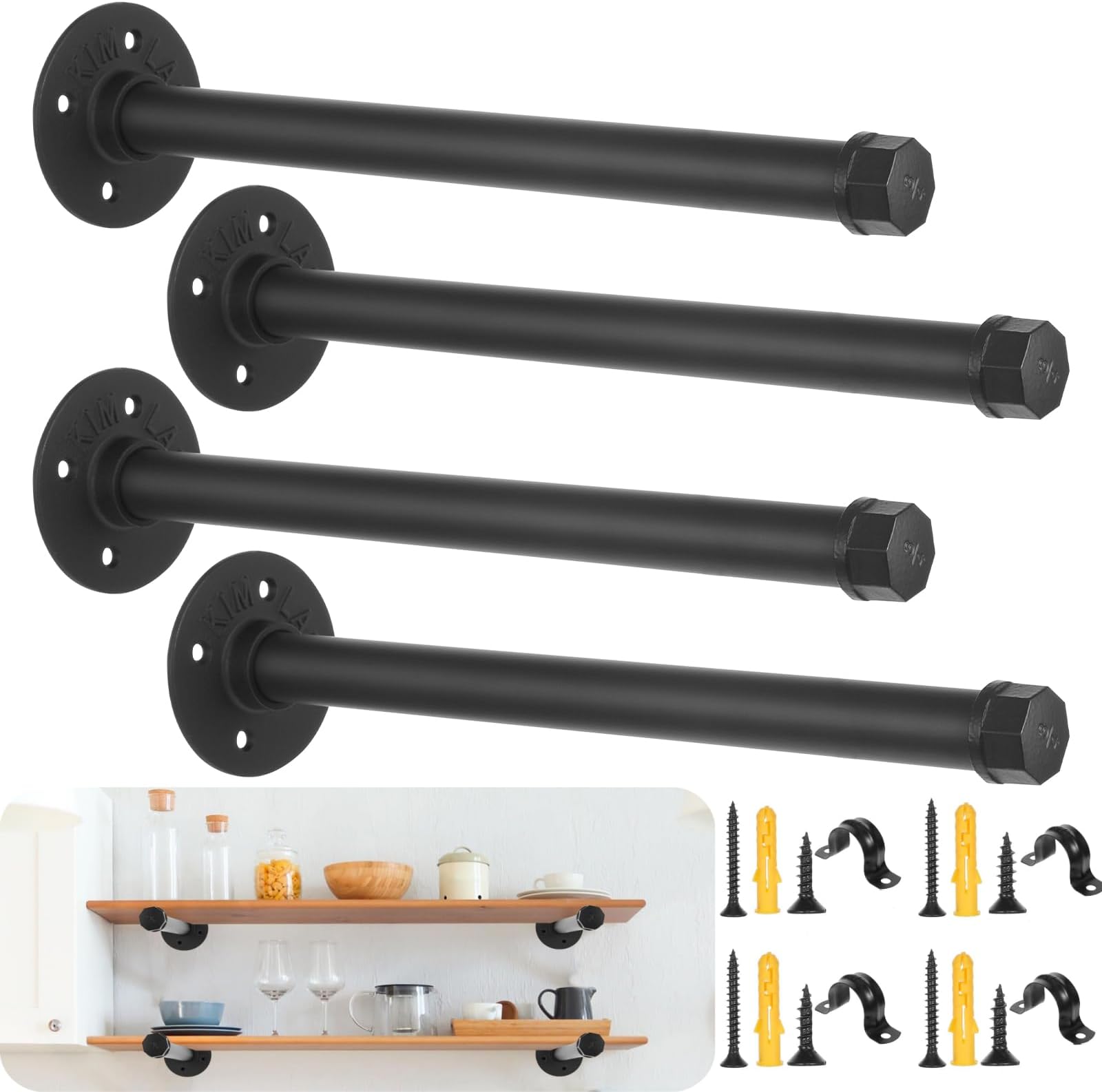 4 Pcs Industrial Black Pipe Shelf Brackets 12 Inch, Industrial Iron Pipe Floating Shelves Bracket Heavy Duty Metal Shelving Brackets for DIY Shelves