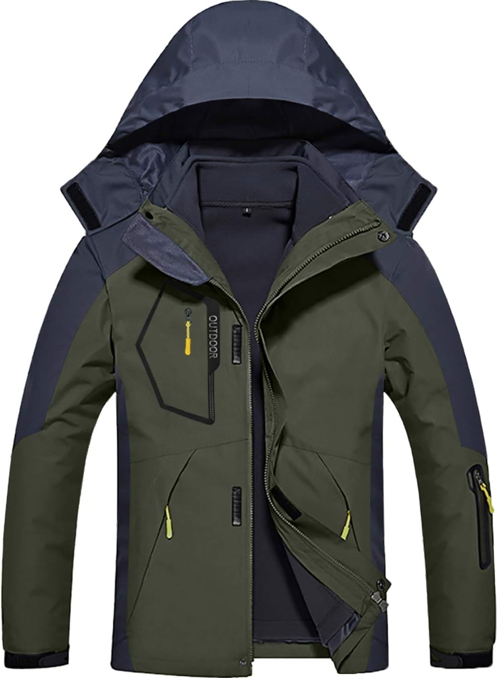 GEMYSE Men's 3 in 1 Waterproof Ski Snow Jacket Fleece Liner Warm Winter Jacket Coat (Army Green,Large)