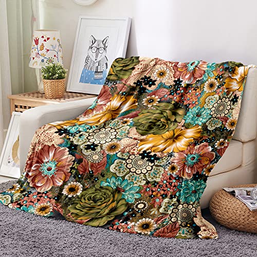 Wesan Boho Floral Blanket Bohemian Flowers Gifts For Women Kids Girls Birthday Mother's Day Colorful Hippie Decor Soft Warm Plush Throw Blankets Lightweight For Bed Bedroom Bedding 50"X60" #TOP1