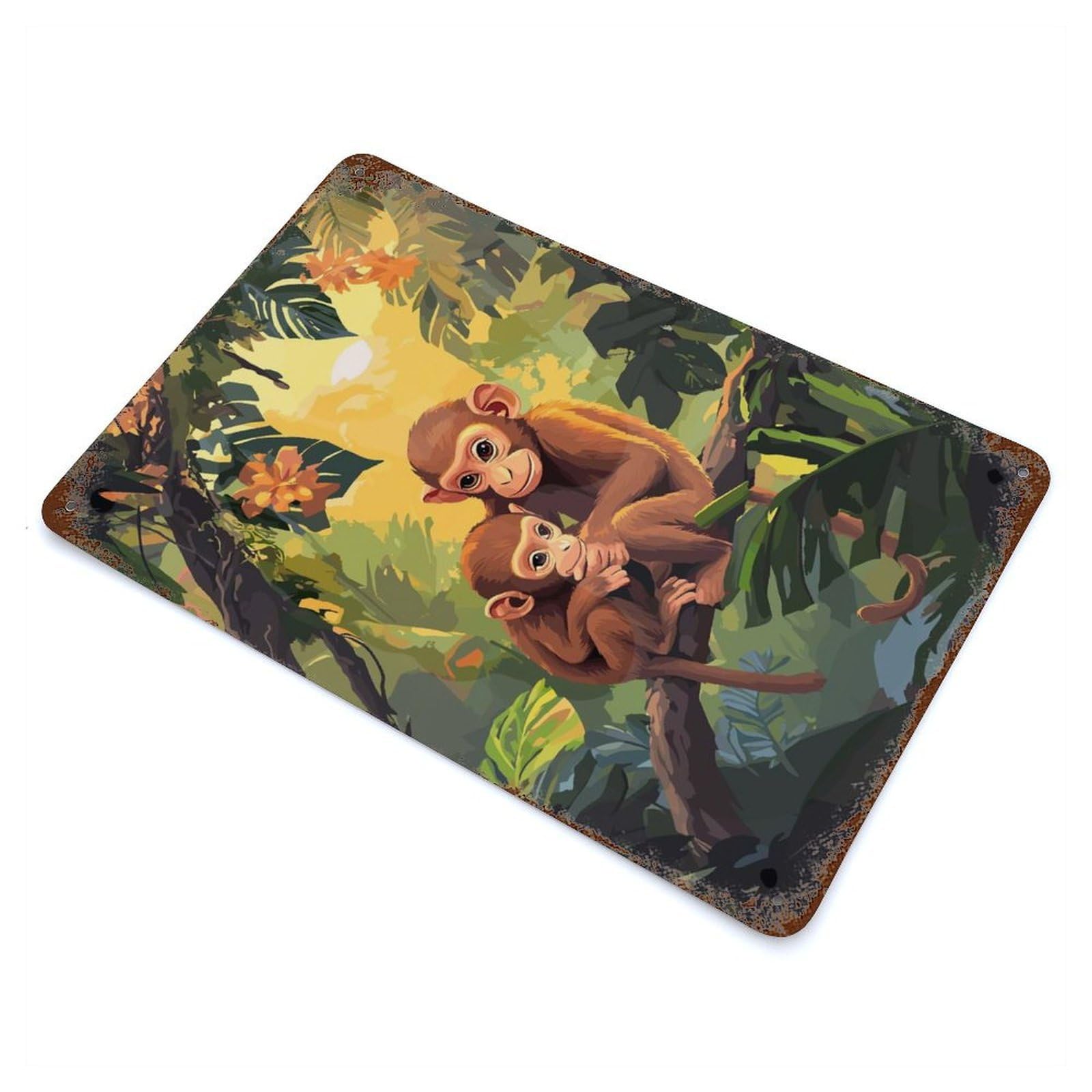 Vintage Rust Metal Sign with Monkey Family in Jungle Design 11.8"x7.9", for Farmhouse, Kitchen And Entryway Decor, Novelty Wall Decor