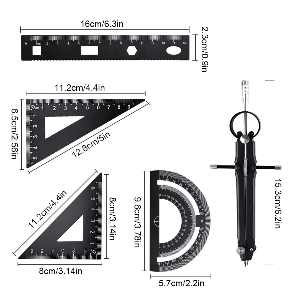 Set de Geometría, 1 Compas de Dibujo + 2 Escuadra Triangular(45°y60°)+ 1 Reglas Escolares 15 cm + 1 Transportador de Angulos 180°+ 1 Borrador+ 1 Recargas de Lápiz para Escuela y Oficina