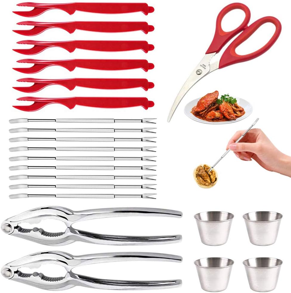 22pcs Professional Seafood Tools Picks Set, 2 Nut Crackers +1 Scissor +9 Knifes+6 Stainless Steel Forks +4 Sauce Cup, for Lobster, Crab, Crawfish, Shrimp, Shellfish - Kitchen Easy-opener Picnic Tools