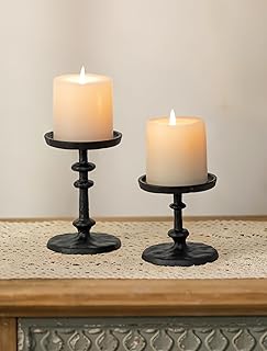 NUPTIO Pillar Candle Holder Black: Solid Cast Iron Candle Stand for 3 In...