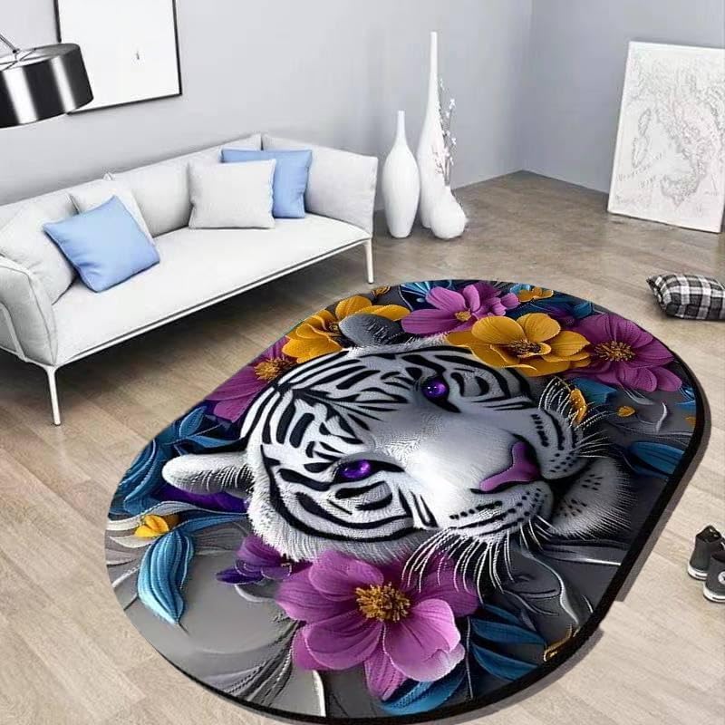 Alfombras ovaladas de pelo corto para salón con estampado de rayas de tigre moradas 80x140cm