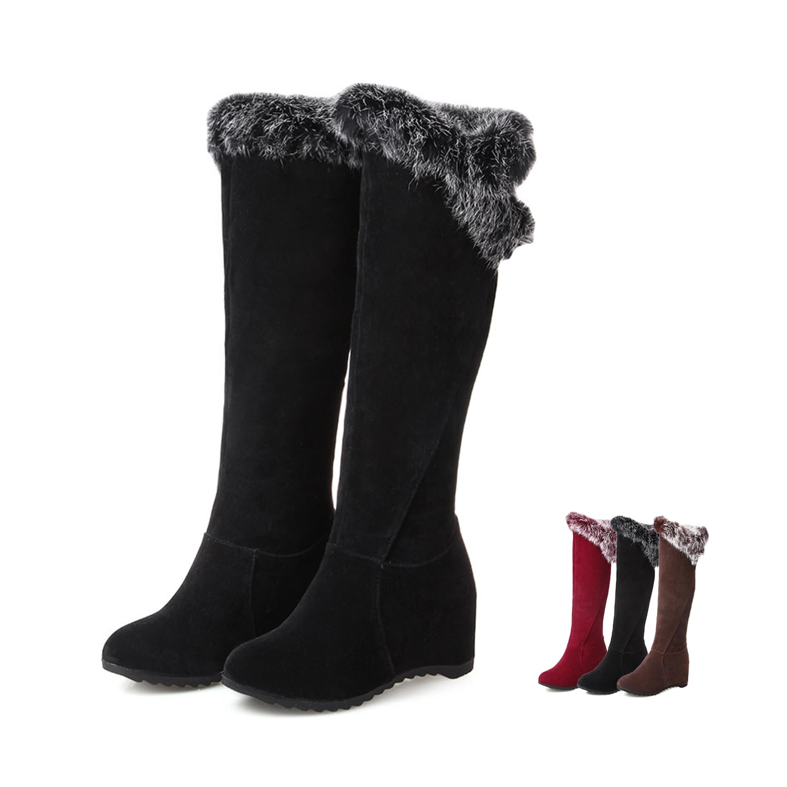 Womens Winter Over The Knee Thigh High Snow Boots Rabbit Fur Collar Warm Leather Waterproof Slip-on Hidden Wedge
