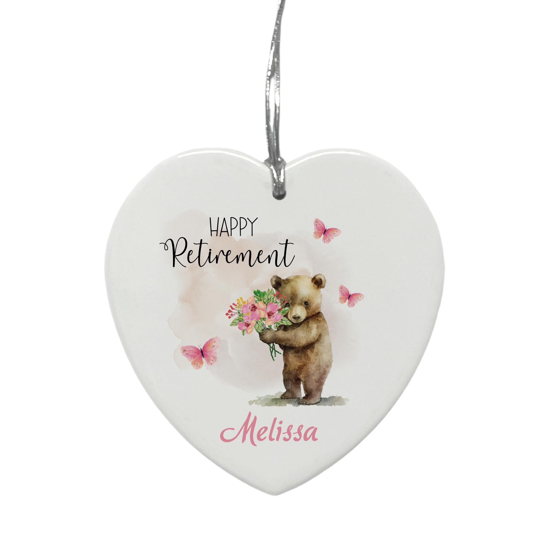 Personalised Retirement Gift Ceramic Heart Decoration With Cute Bear