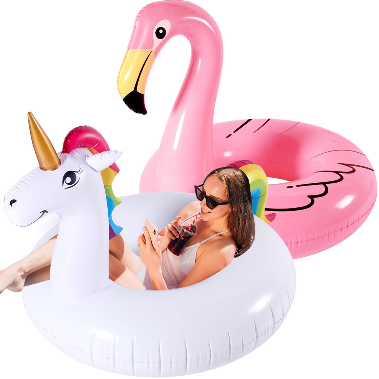 ASOBIAITE Inflatable Flamingo and Unicorn Pool Float 2 Pack,Pool Floats Summer Raft Lounger Swim Tube, Beach Pool Party Toys Decorations