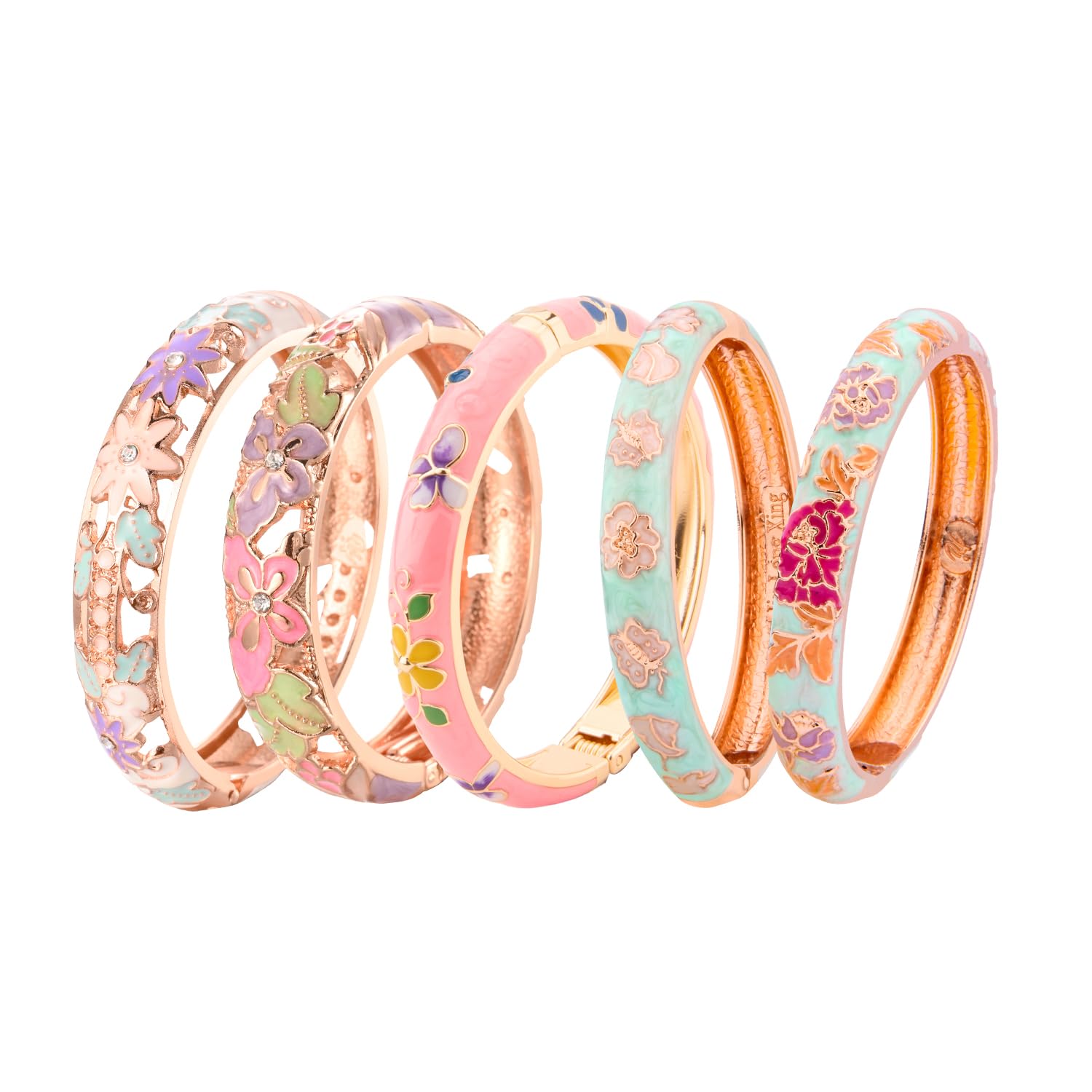 UJOY Bangles 5 Pcs Enamel Jewelry Set Rose Flower Engraved Cloisonne Bracelets Pack in a Box 5PCS