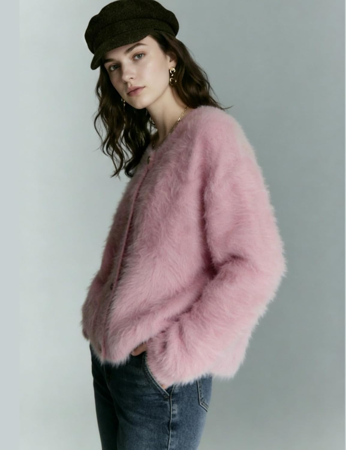 Yimoon Women's Fuzzy Cardigan Sweater Cropped Cardigans Soft Chunky Crewneck Knitwear - Image 3