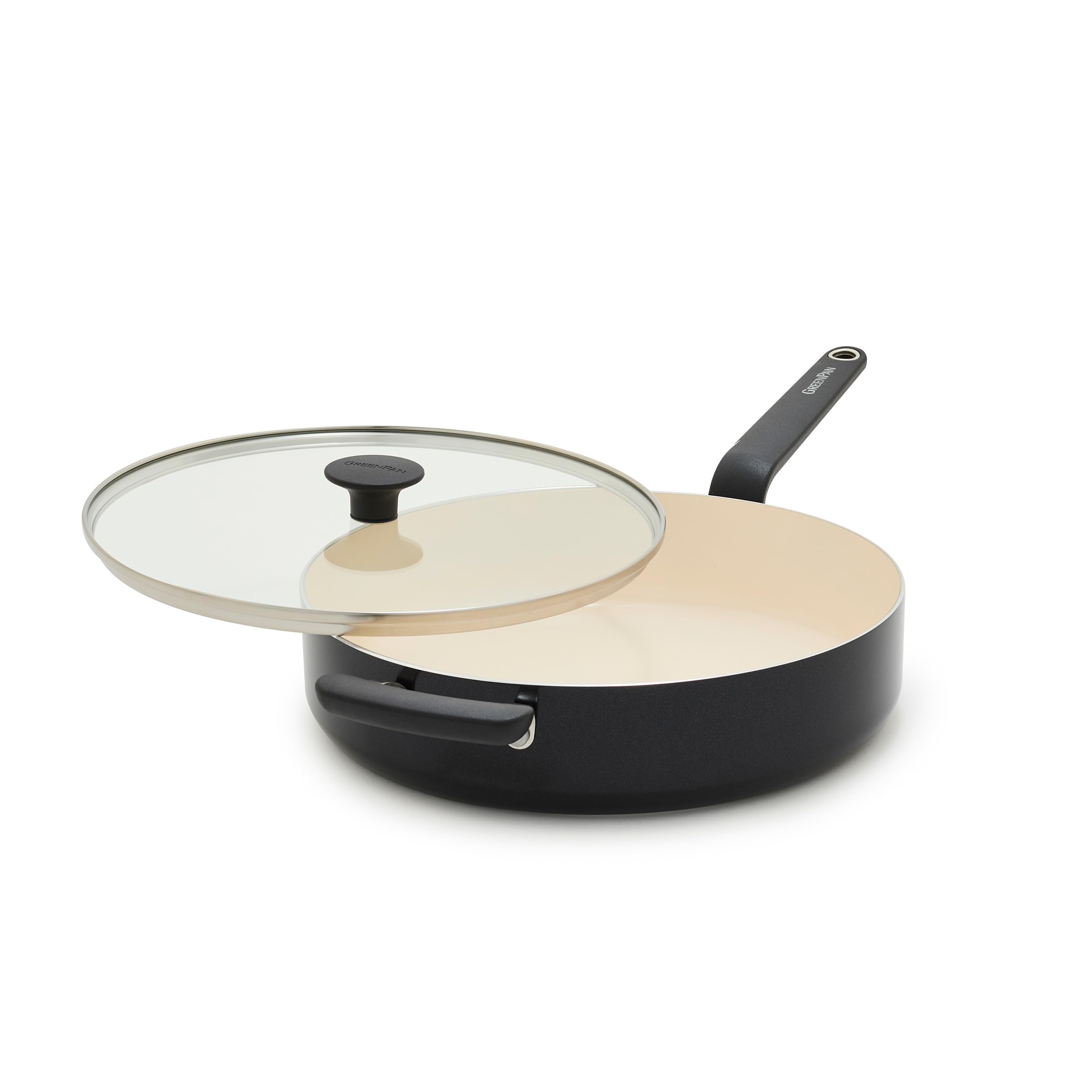 GreenPan Rio Advanced 5QT Saute Pan with Tempered Glass Lid, 5QT Ceramic Nonstick pan with Helper Handle, PFAS-Free, Induction Ready, Dishwasher and Oven Safe, Black