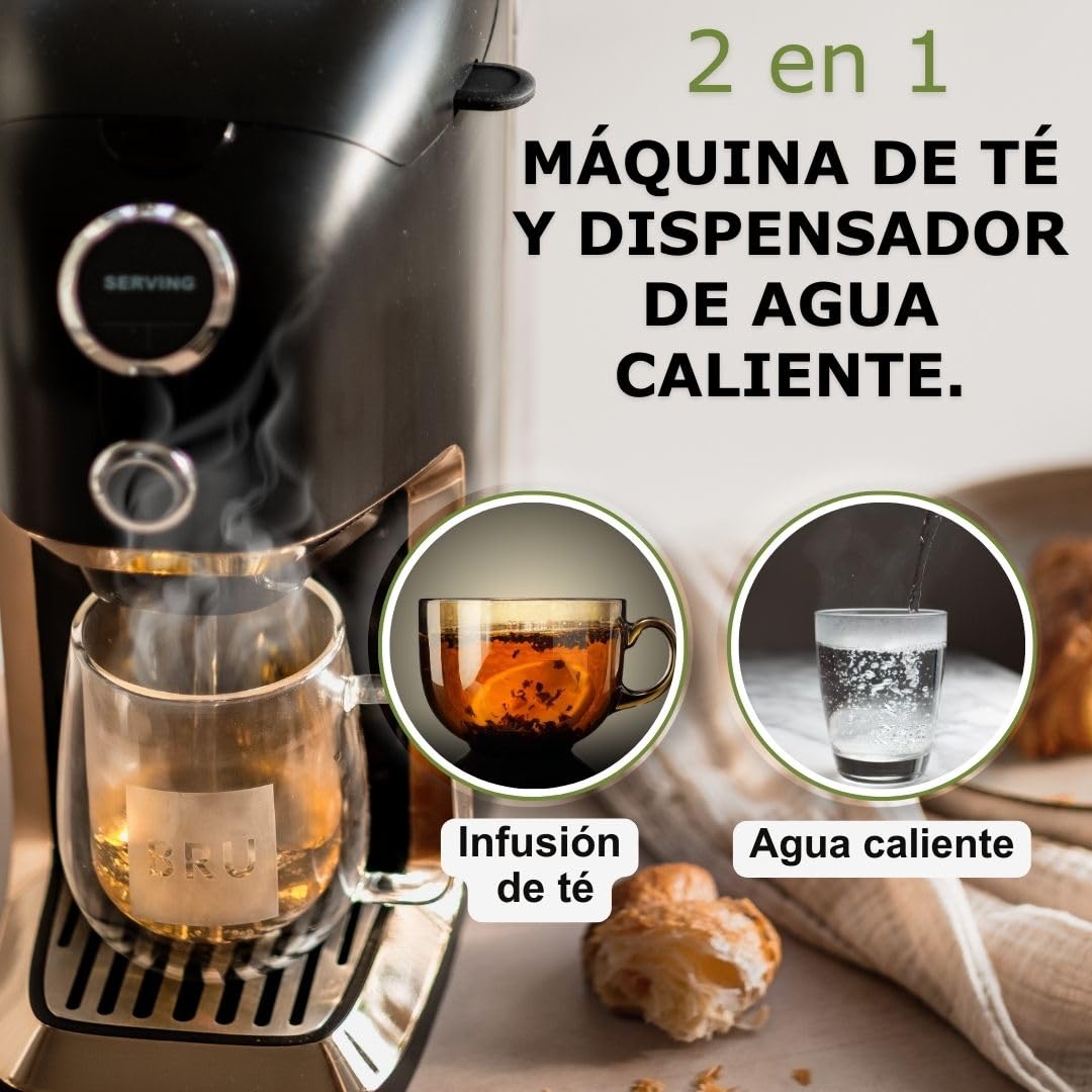 Máquina de té BRU Maker One, SIN cápsulas, dispensador de agua caliente y máquina de té en uno, té y agua filtrada con solo tocar un botón, sistema de limpieza automático