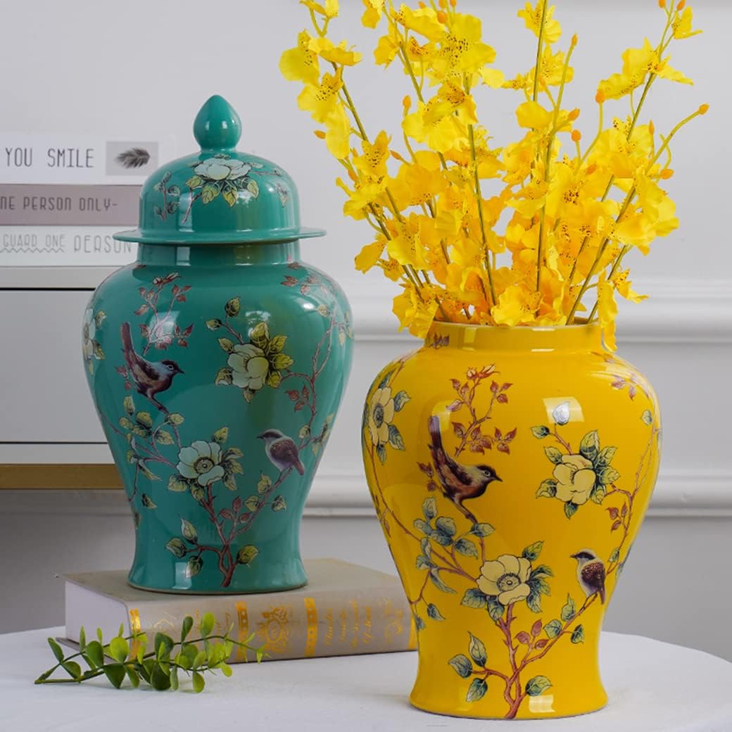 ZHOUXIAO Ceramic Vases Ginger Jar with Lid for Home Decor, Flower Birds Pattern Temple Jar Vase Jingdezhen Traditional Chinese Porcelain Dried Flower Vases Decoration for Liv White-S