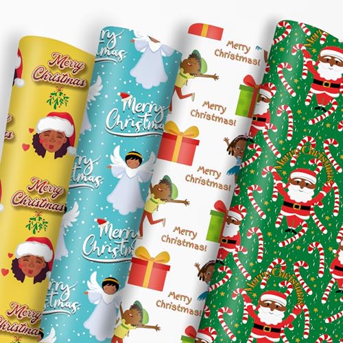 Vnaaem African American Christmas Wrapping Paper Black Santa Gift Wrap Paper Bulk Cute Xmas Designs for Black People Winter Holiday Birthday - 20 X 28 Inches 8 Folded Sheet